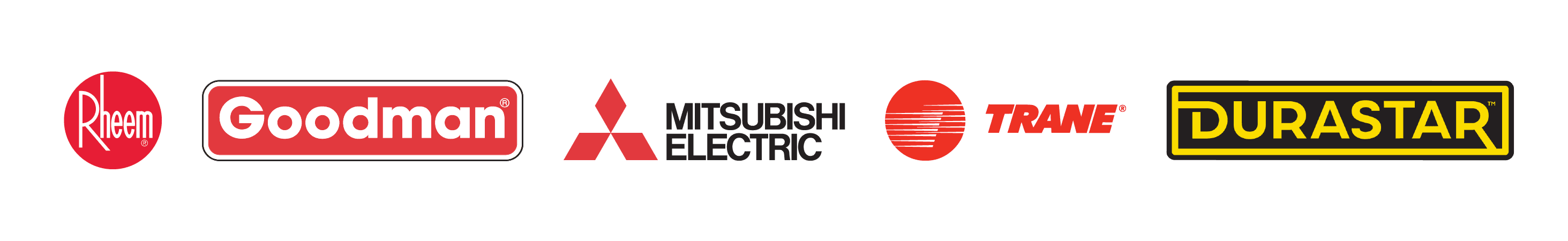 HVAC brand logos: Trane, Goodman, Mitsubishi Electric, Durastar, Rheem